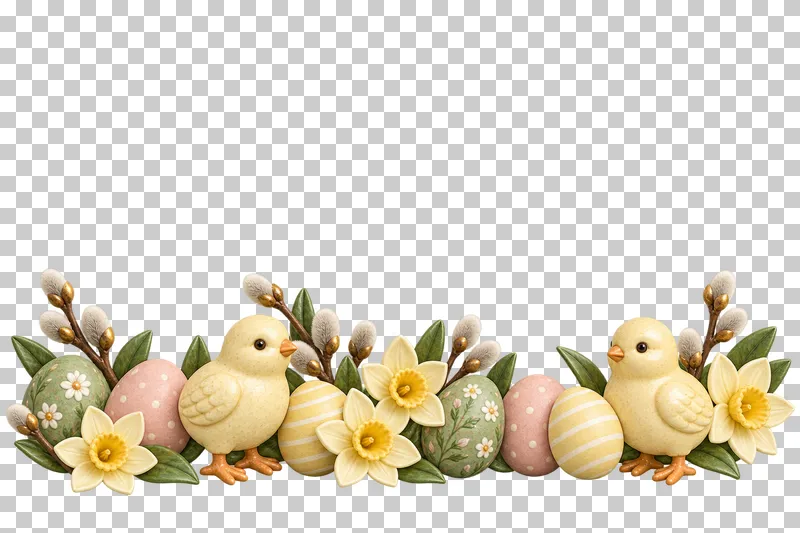 A wide low border of Easter eggs, ceramic characters and spring foliage.