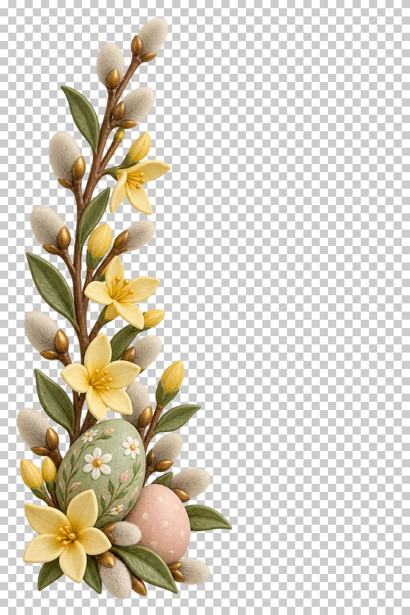 A vertical Easter side accent with pastel decorations and spring branches.