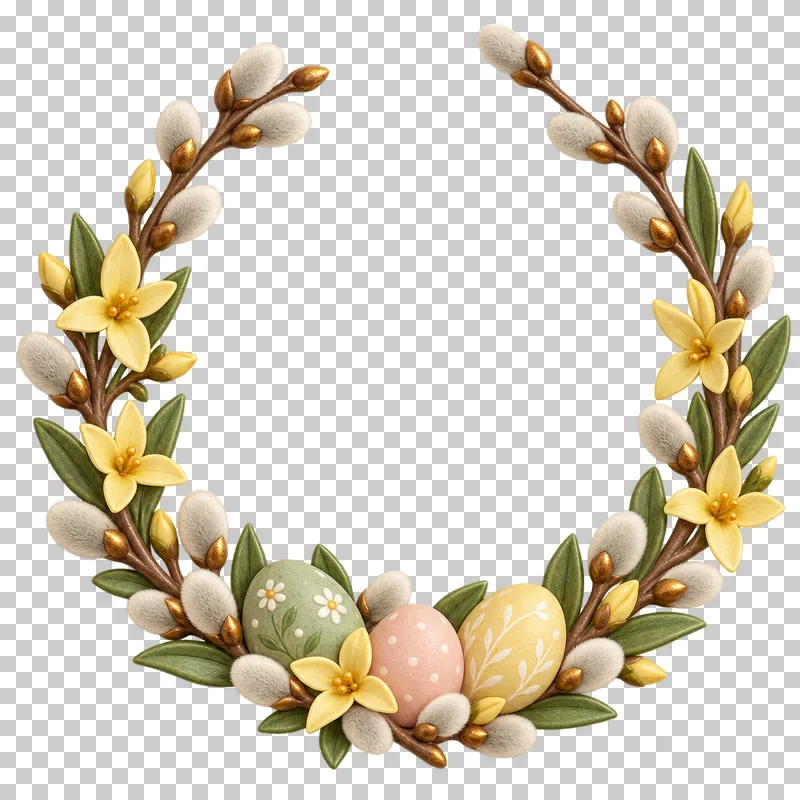 An open Easter wreath of eggs and spring foliage with a transparent center.