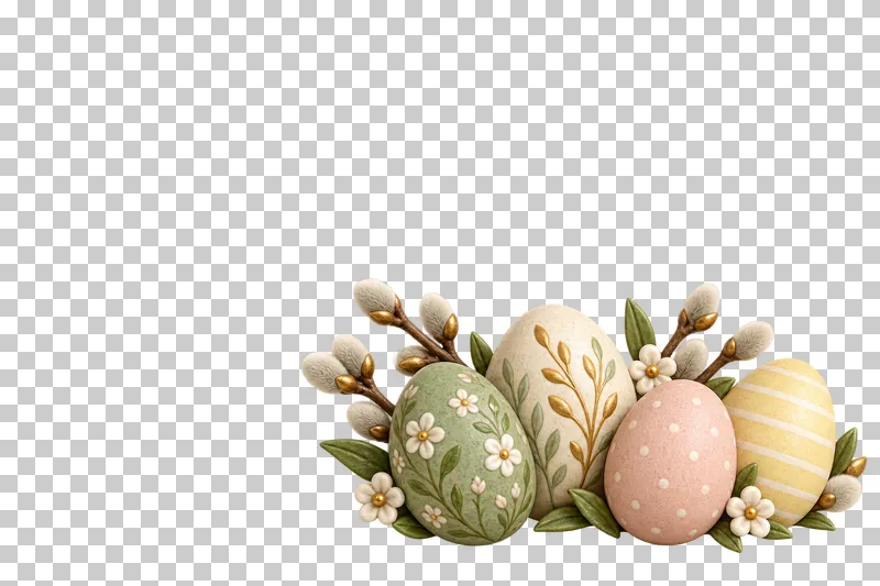 Pastel painted eggs and pussy willow arranged in the lower right, leaving open message space.