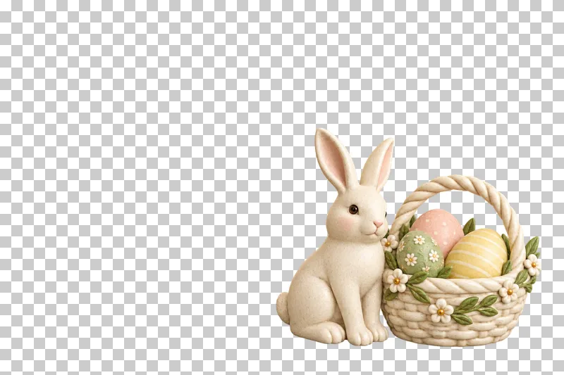 A cream ceramic rabbit beside a basket of painted eggs on the right, leaving open space on the left.