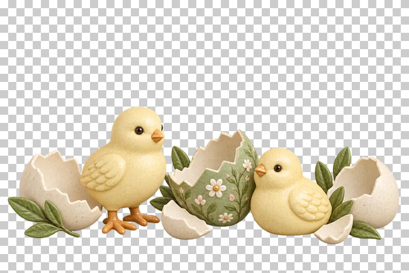A low Easter arrangement with yellow chicks and cracked eggshells.