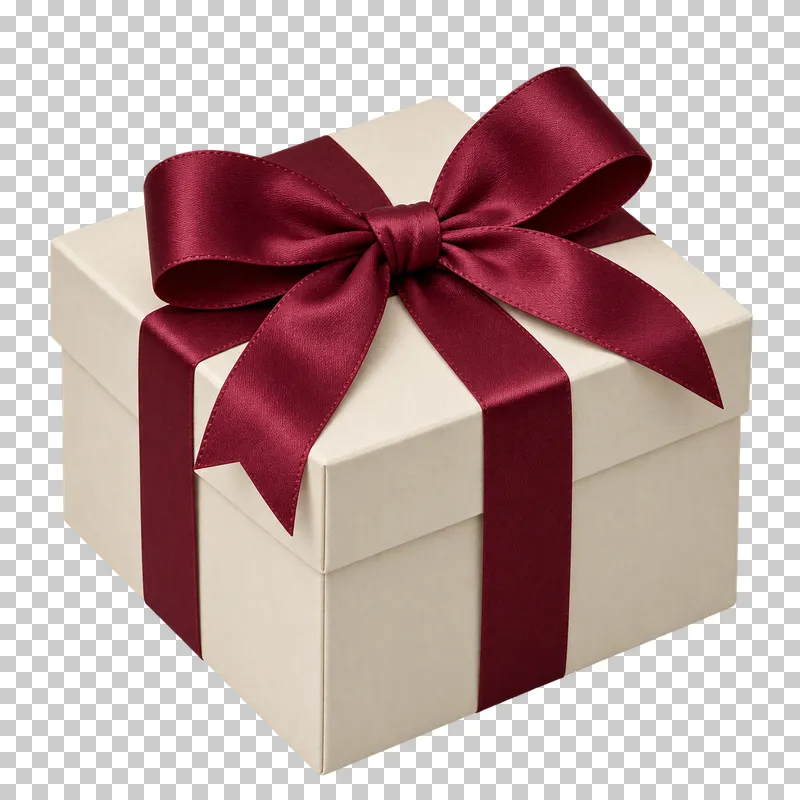 Closed cream square gift box with a burgundy satin bow.