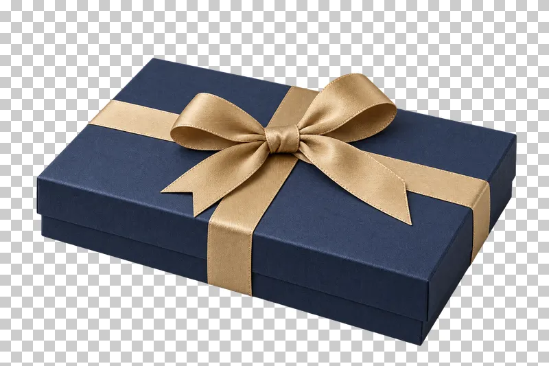 Closed navy flat rectangular gift box with a muted-gold satin ribbon.