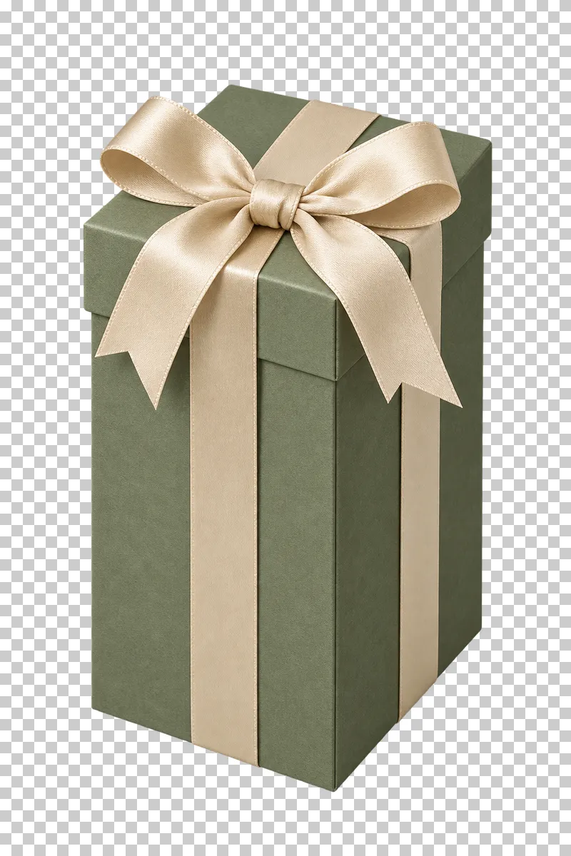 Closed sage tall rectangular gift box with a cream satin bow.