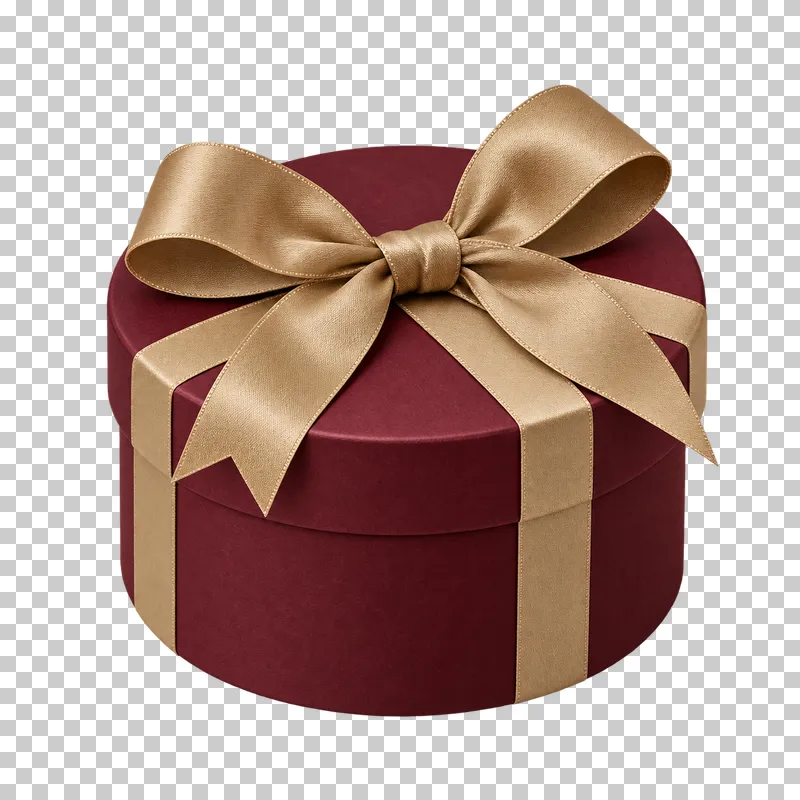 Closed burgundy round gift box with a muted-gold satin bow.