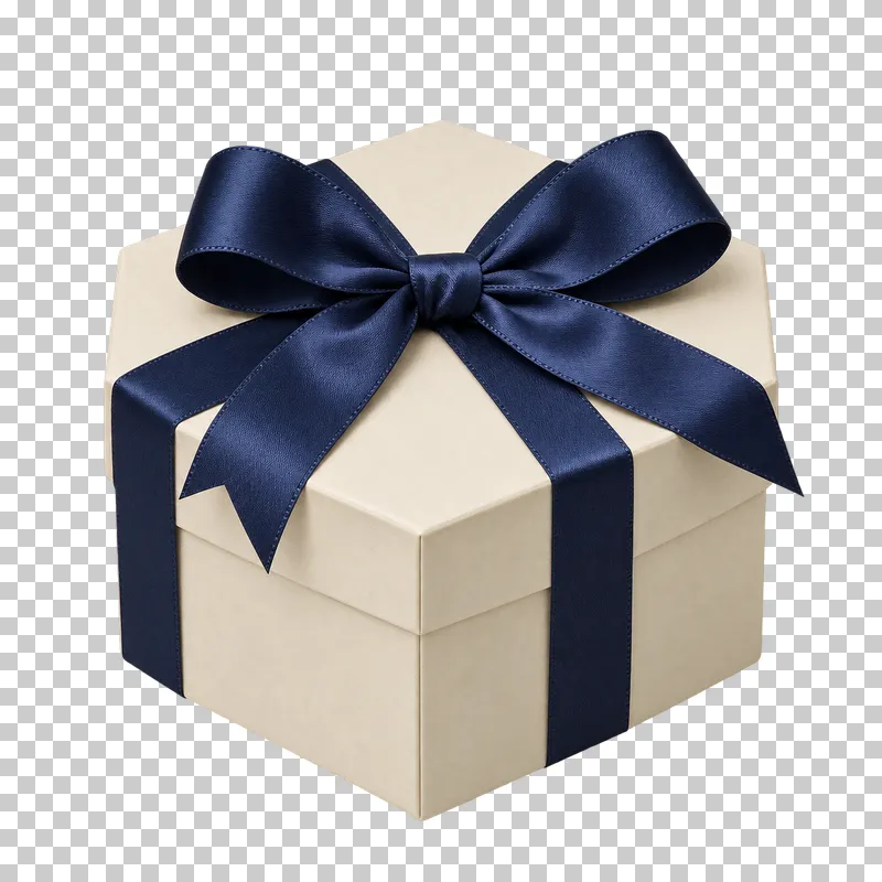 Closed cream hexagonal gift box with a navy satin ribbon.