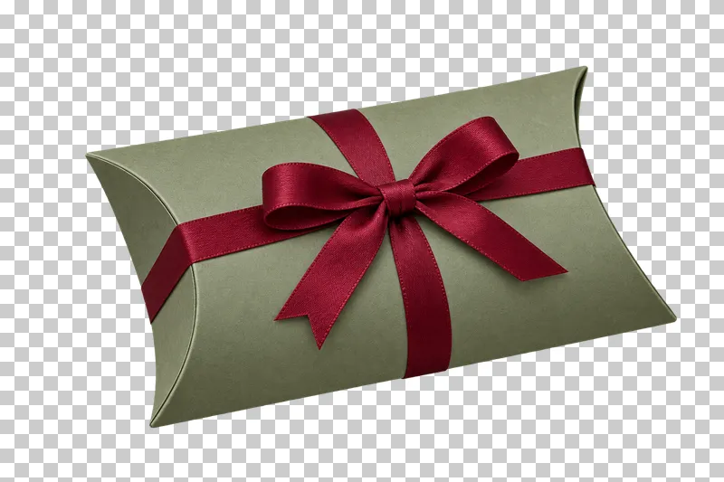 Sage pillow gift box with a burgundy narrow ribbon.