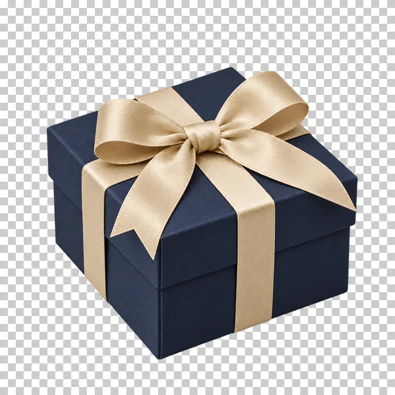 Small closed navy jewelry gift box with a cream ribbon.