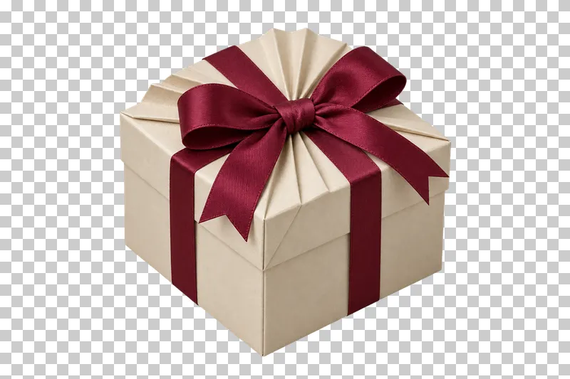 Cream paper-wrapped present with a crisp fan-fold closure and burgundy ribbon.