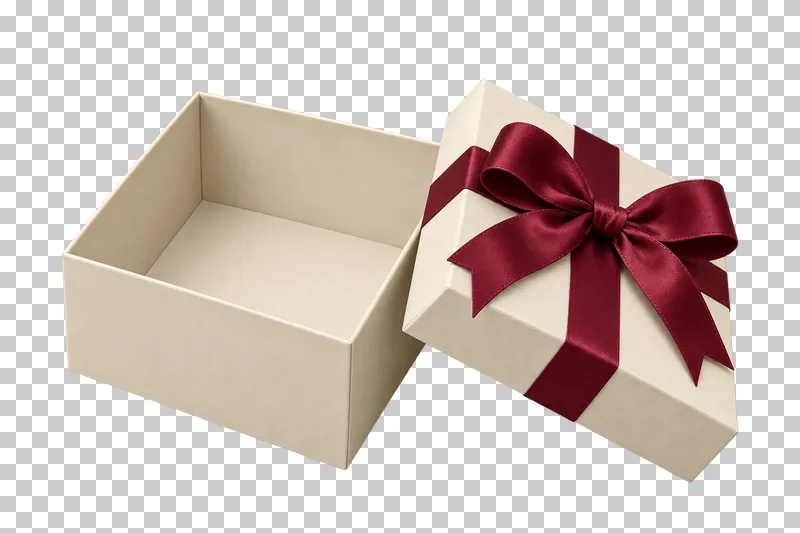 Open cream rigid gift box with its burgundy-ribbon lid beside it and an opaque empty interior.