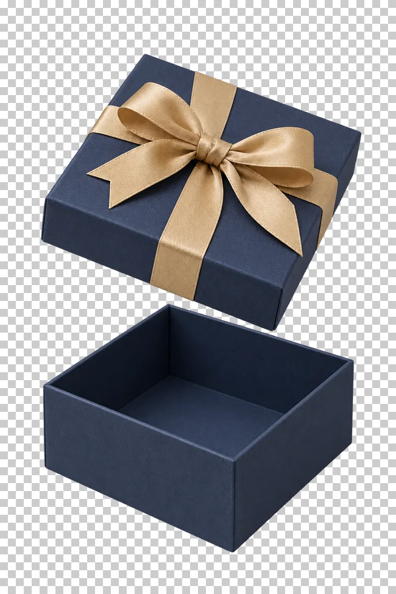 Open navy gift box with matching gold-ribbon lid raised above it and an opaque empty interior.
