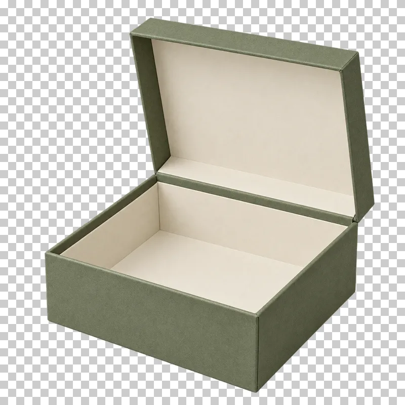 Open sage hinged gift box with an opaque cream empty interior.