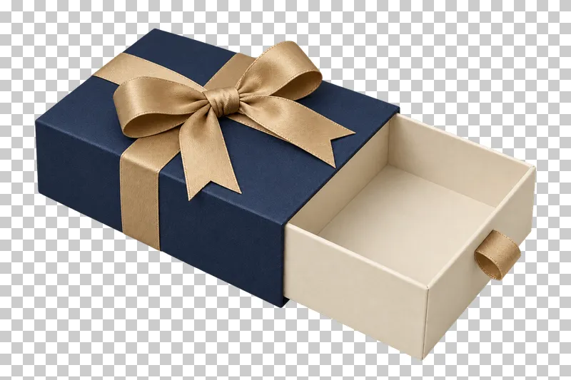 Cream drawer gift box with its navy outer sleeve and opaque empty drawer pulled open.