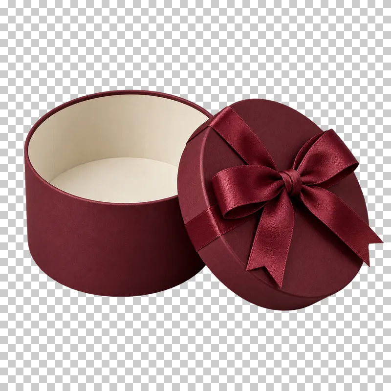 Open burgundy round gift box with matching lid beside it and an opaque cream empty interior.
