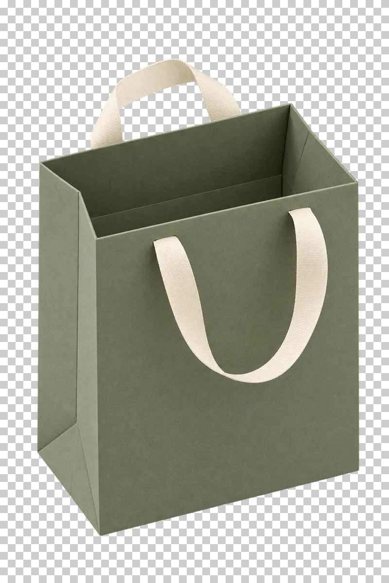 Open sage gift bag with cream grosgrain handles and an opaque empty interior.