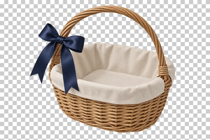 Open natural woven gift basket with opaque cream fabric lining, navy ribbon and no contents.