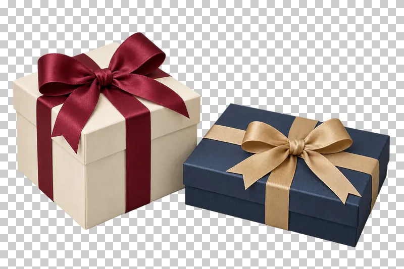 Two closed cream and navy gift boxes side by side with burgundy and muted-gold ribbons.