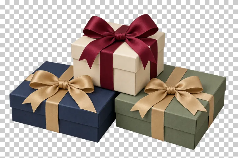 Three closed cream, sage and navy gift boxes in a low pyramid, with two below and one above.