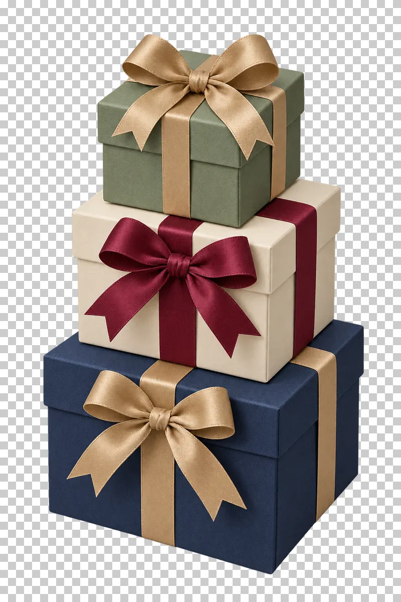 three closed navy, cream and sage gift boxes in a tall stable stack.