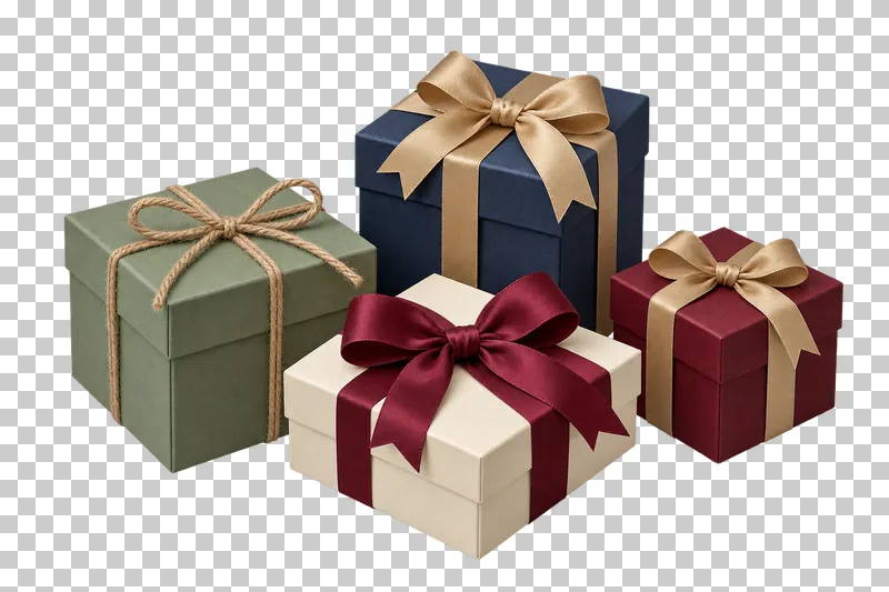 four closed gift boxes in an asymmetric group using cream, navy, burgundy and sage paper.