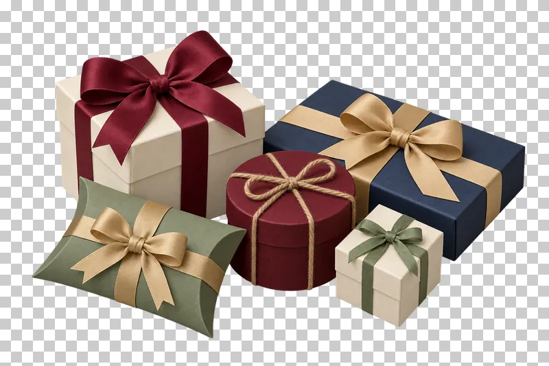 A compact arrangement of five small generic closed gift packages with varied shapes in the collection palette.