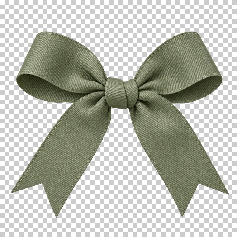 One standalone sage grosgrain ribbon bow with visible ribbing and complete tails, face-on for overlay use.