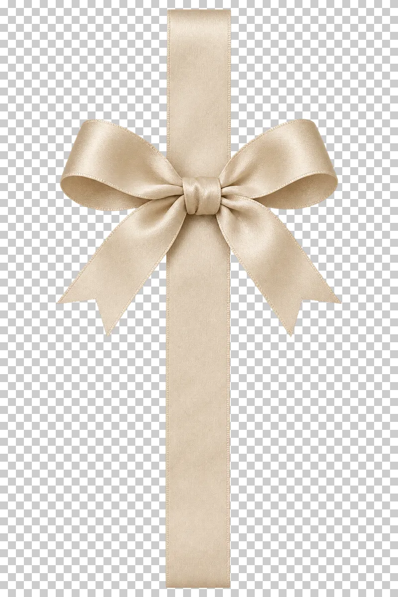 One vertical cream satin ribbon band with a matching bow, complete visible band ends, front-facing flat overlay.