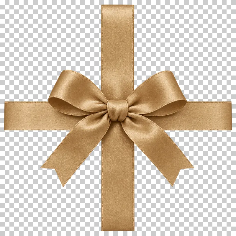 Perpendicular muted-gold satin ribbon bands crossed with one bow at the center, four complete ends, front-facing flat overlay.