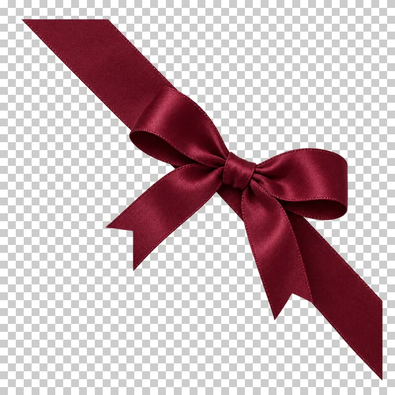 One burgundy satin diagonal gift-package corner ribbon decoration with a small bow and complete ribbon ends, no box, front-facing flat overlay.