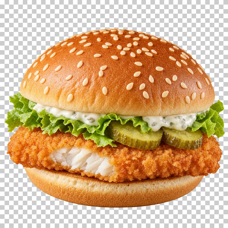 Generated advertising-style cutout of breaded fish burger.