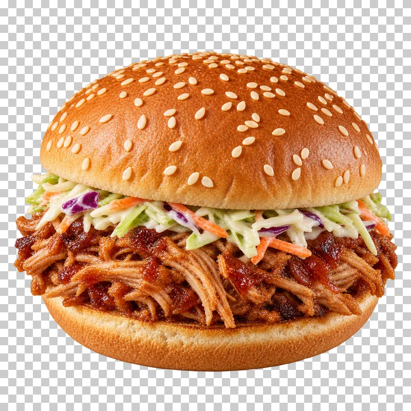 Generated advertising-style cutout of pulled pork burger.
