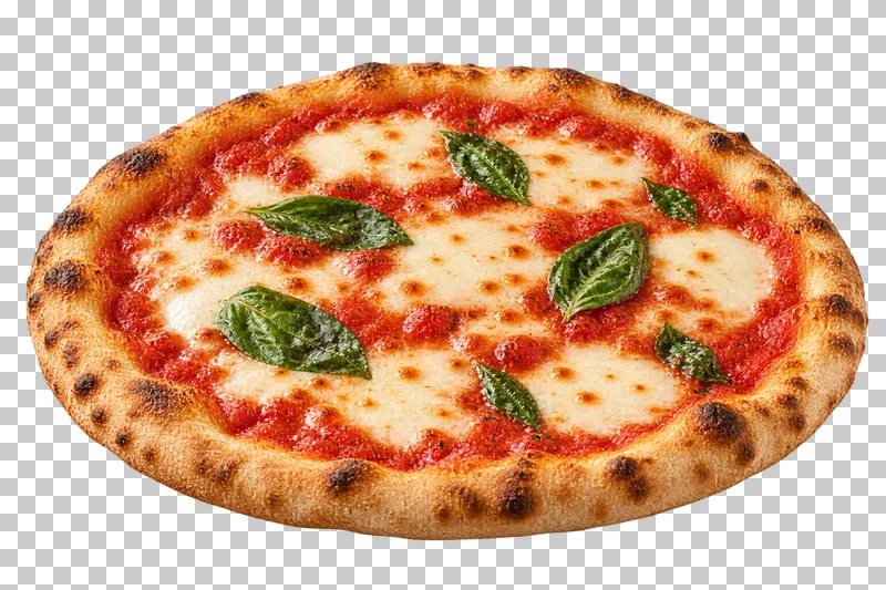 Generated advertising-style cutout of whole margherita pizza.