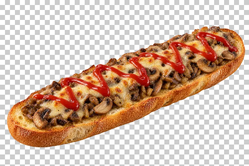 Generated advertising-style cutout of mushroom zapiekanka.