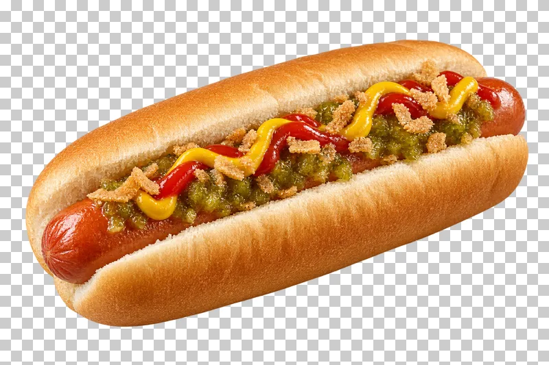 Generated advertising-style cutout of hot dog with toppings.