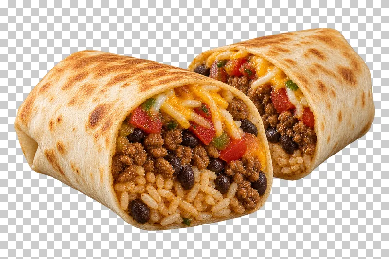 Generated advertising-style cutout of burrito with visible cross-section.