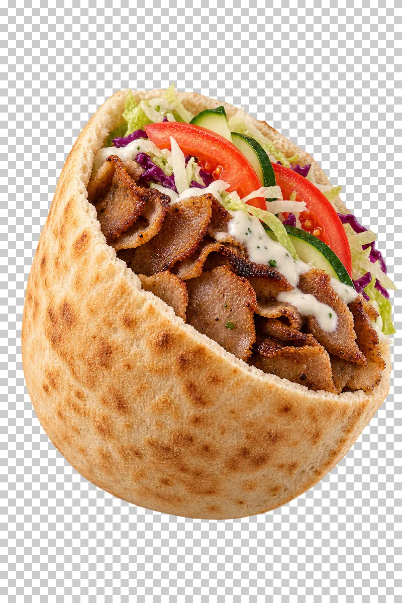 Generated advertising-style cutout of kebab in pita.