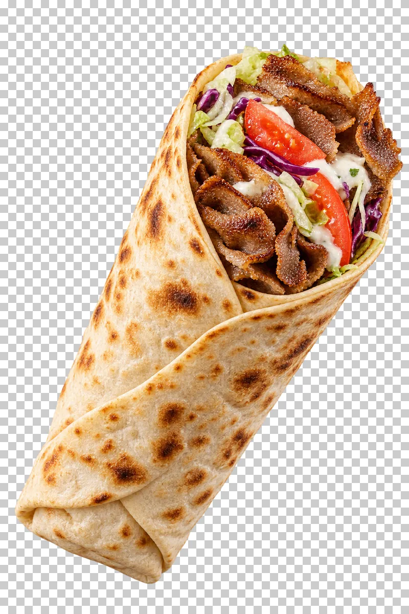 Generated advertising-style cutout of kebab in lavash.