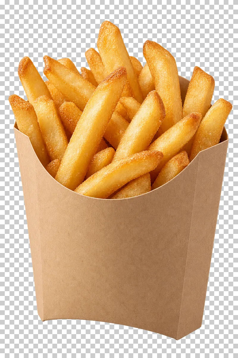 Generated advertising-style cutout of fries in a plain carton.