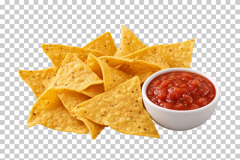 Generated advertising-style cutout of nachos with a small sauce bowl.