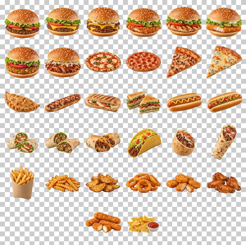Fast Food Menu Cutouts Photo PNG Collection: all 32 elements in one grid
