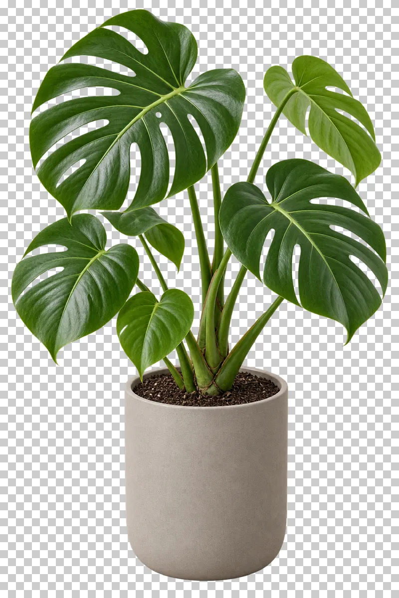 Monstera deliciosa in a warm-gray matte ceramic cylinder, with open asymmetric spreading clump with split and fenestrated heart-shaped leaves.