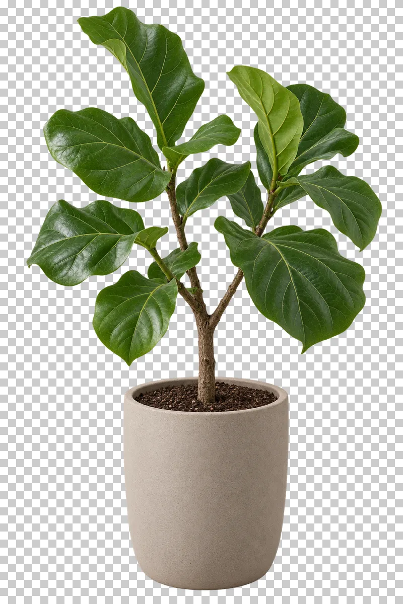 Fiddle-leaf fig in a sand-colored tapered ceramic planter, with slender branching trunk with broad upright violin-shaped leaves.