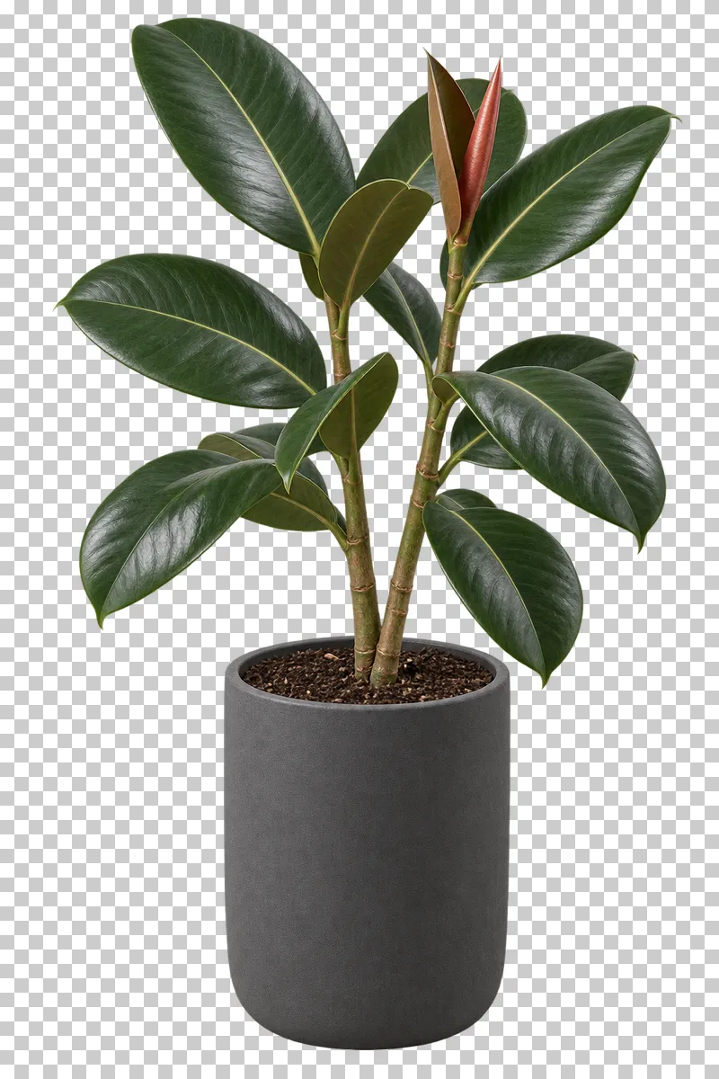 Rubber plant in a charcoal matte composite cylinder, with two woody upright stems with thick dark oval leaves and red new-growth sheath.