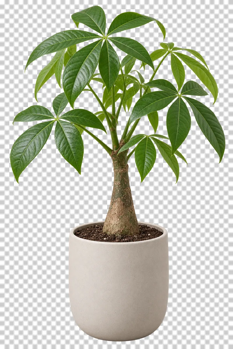 Money tree in a warm-white ceramic rounded planter, with single natural woody trunk with branching canopy of palmate leaflets.