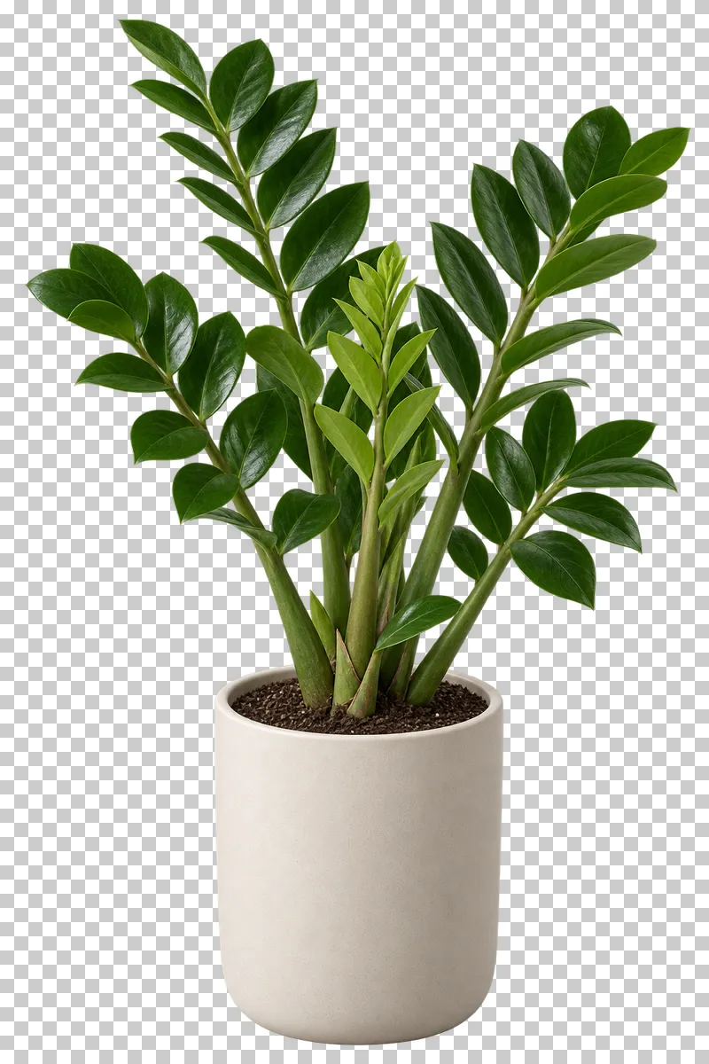 ZZ plant in a plain ivory ceramic cylinder, with arching thick stems bearing paired glossy oval leaflets.
