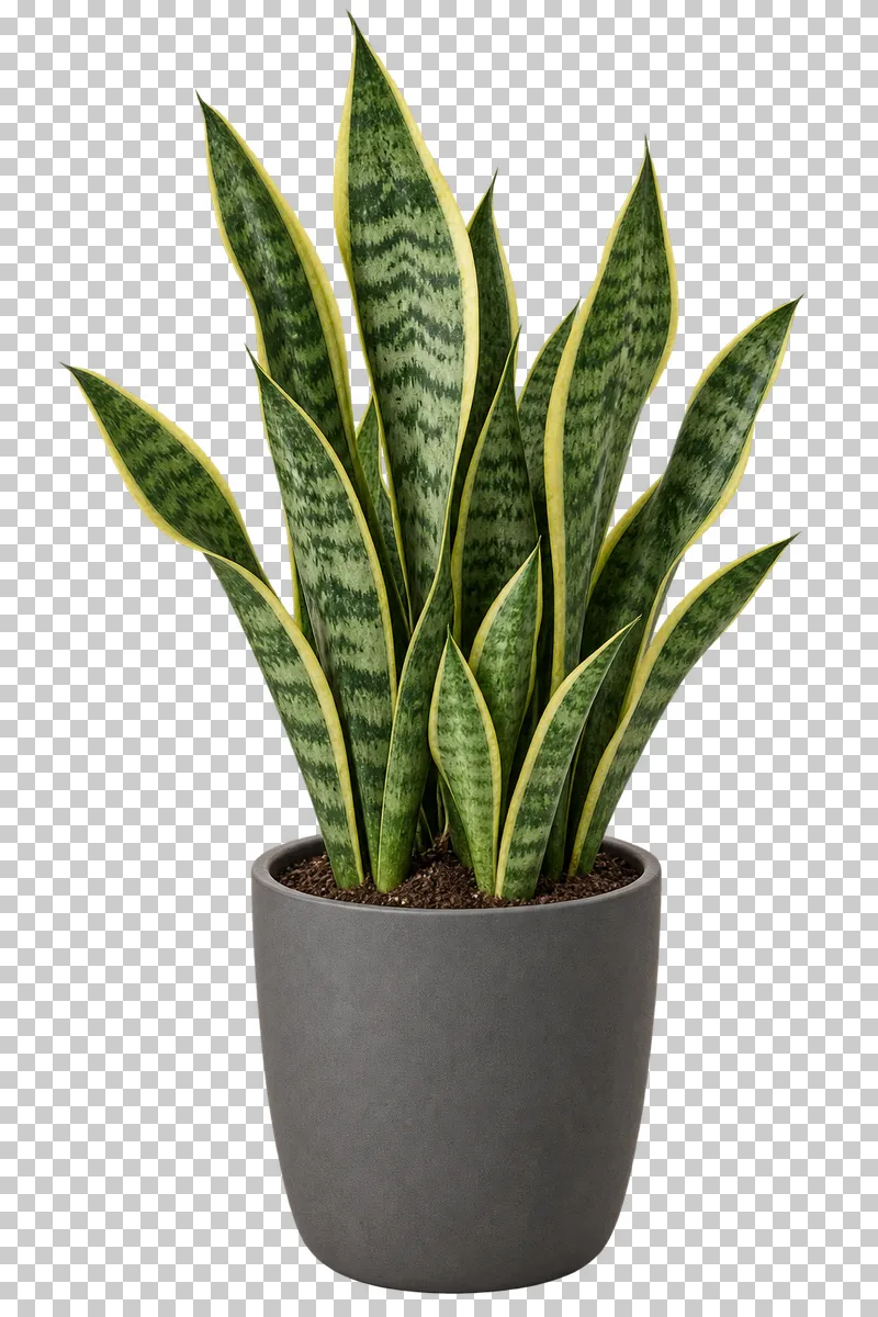 Snake plant in a charcoal tapered ceramic planter, with upright rigid variegated sword leaves of varied heights.