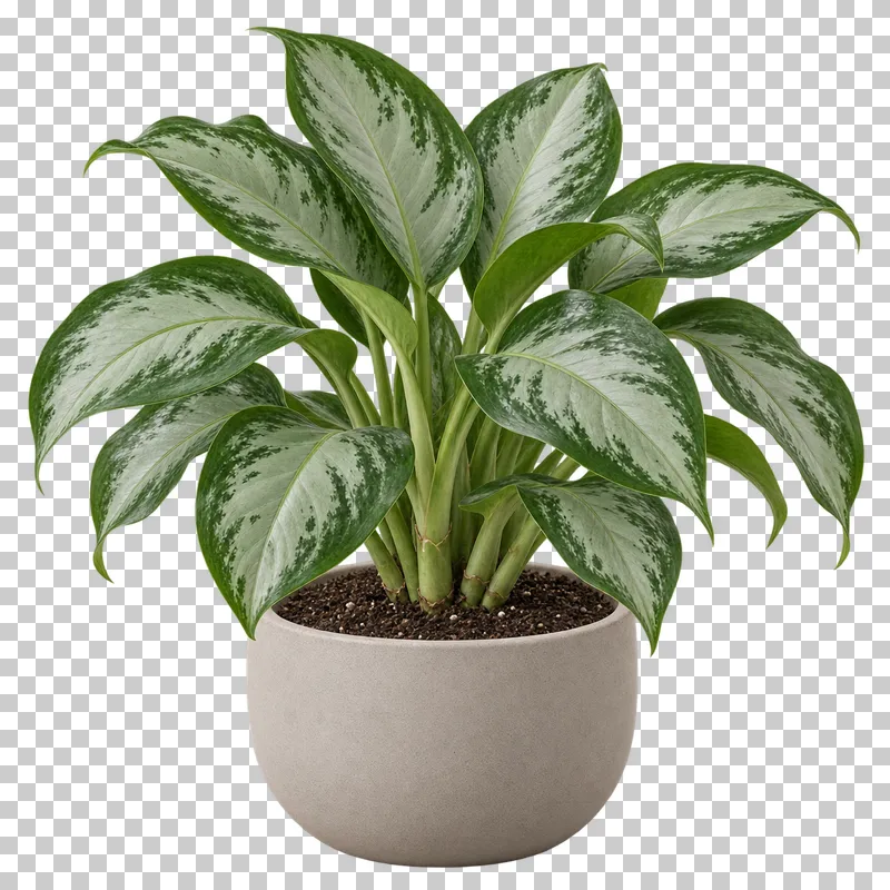 Chinese evergreen in a muted beige ceramic bowl planter, with dense short clump of broad silver-green patterned leaves.