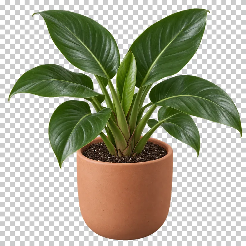 Self-heading philodendron in a plain terracotta rounded pot, with compact self-heading rosette with broad solid green leaves, no vines.