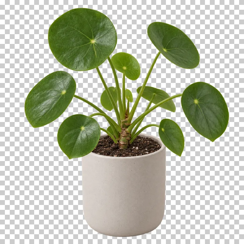 Chinese money plant in a small off-white ceramic cylinder, with round peltate leaves on slender radiating petioles.